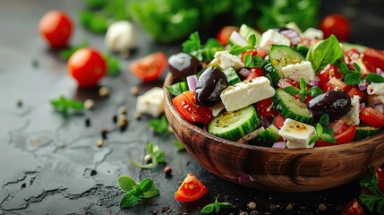 Greek food, a fresh and colorful Greek salad with feta cheese and olives, with plenty of copy space