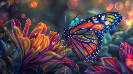 Poster - A colorful butterfly perched on a vibrant flower, with its wings spread open, displaying intricate patterns.