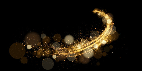 Wall Mural - Sparks of dust and golden stars shine with special light. Trace of speed lines. Vector sparks on transparent dark background. Christmas light effect. Sparkling particles of magic dust.	
