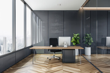 Modern office interior with gray walls, wooden floor, and glass walls.
