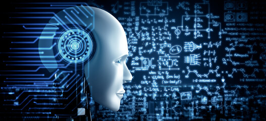 Poster - mlp 3d illustration robot humanoid face close up with graphic concept of engineering science study b