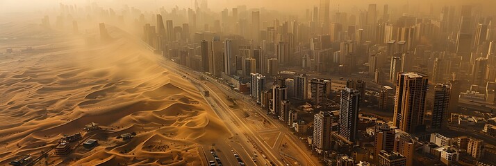 Wall Mural - An aerial view of a city skyline gradually being engulfed by encroaching sand dunes, symbolizing the spread of desertification into urban areas and highlighting environmental challenges.
