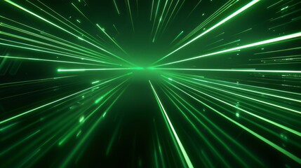 Abstract green laser light lines on a dark background, moving in different directions to create a dynamic and futuristic effect