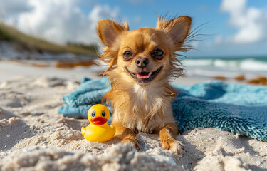 Wall Mural - Cute chihuahua relaxes on the beach with yellow rubber ducky.