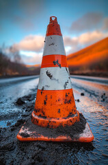 Road cone is placed on the road to prevent the dirt from being washed away by the rain