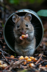Wall Mural - Wild wood mouse is eating nuts from pipe in the forest