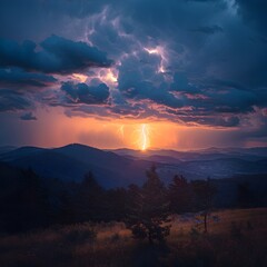 Wall Mural - dramatic mountain thunderstorm with lightning illuminating the vibrant sunset sky