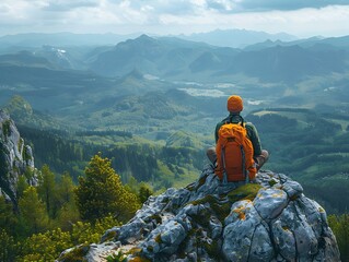 Poster - Lone Hiker Atop Craggy Peak Overlooking Vast Forested Valley Capturing Natural Serenity