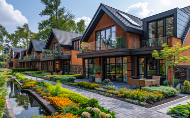 Wall Mural - Row of new townhomes with pond and colorful flowers.