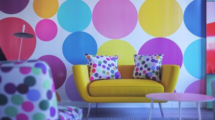 Wall Mural - A Couch With A Colorful Polka Dots Wall.