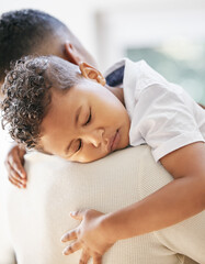 Wall Mural - Father, boy and sleeping hug in home for love, trust and tired child to dream or peace and safety. Daddy, son and embrace for nap or relax, support and exhausted or carry kid for bonding or comfort