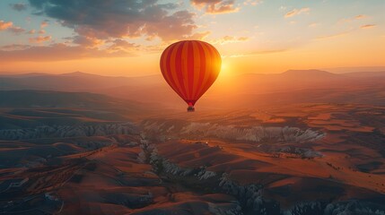 Majestic Hot Air Balloon Ride at Breathtaking Mountainous Sunrise Landscape