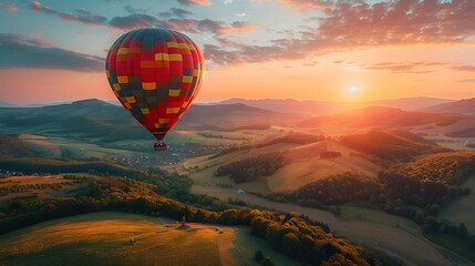 Canvas Print - Majestic Hot Air Balloon Ride Over Stunning Mountain Landscape at Breathtaking Sunrise