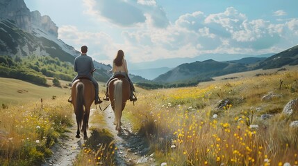 Sticker - Couple Horseback Riding Through Scenic Mountain Path Exploring Nature Together