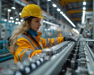 Poster - Female Worker Inspecting Automated Machinery in High Tech Factory