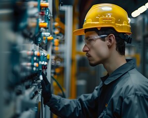 Poster - Professional Worker Inspecting High Tech Automated Factory Machinery for Efficient Production