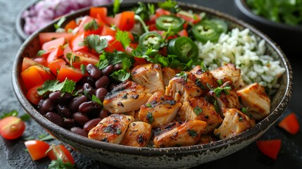 Wall Mural - A savory close-up of grilled chicken with a variety of colorful toppings and beans in a rustic bowl