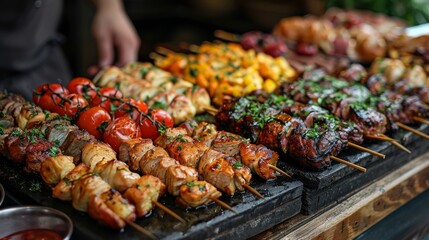 Wall Mural - A selection of skewers with meat and vegetables on a grill, topped with fresh herbs for added flavor