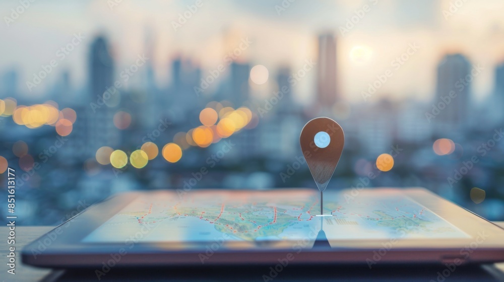 Map pin location button with connection line and world map on laptop computer screen on table over blur city tower, Map pointer navigation online concept