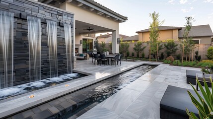 Wall Mural - Contemporary patio with an elegant water fountain and cascading waterfall.