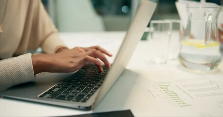 Poster - Woman, hands and typing on laptop in office, online communication and business report with employee. Planning, schedule and company agenda or social networking, research and professional browsing