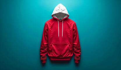 Red Hoodie Against Blue Background. A red hoodie with a white hood is hanging against a blue background.