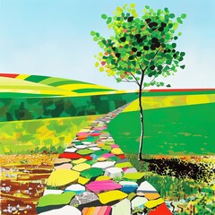 Wall Mural - Summer meadow with a bush and stone path for nature or travel themed designs