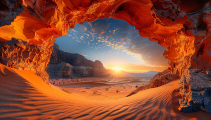 beautiful cave in desert with orange and blue colors at sunset. golden light through the entrance. rock formations and sand dunes. epic fantasy scene
