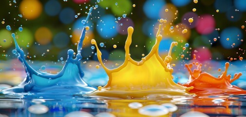 Poster - A vibrant splash of colorful liquid paints with a reflection, isolated on a blue background, creating a dynamic and energetic visual effect.