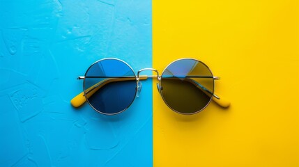 Sunglasses on the yellow and blue minimalist background