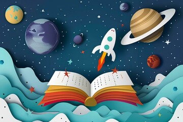 Wall Mural - Abstract open book with space background, style of paper cut, fantasy world and universe concept with planets in the sky and rocket flying to planet