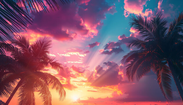 colorful sunset with palm trees on a tropical beach background. beautiful sky in the evening. colorful clouds and the silhouette of a coconut tree at the sea shore