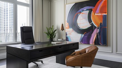 Wall Mural - A minimalist CEO office with a black walnut desk, leather chair, and a large abstract painting as the focal point