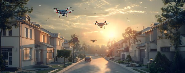Poster - Drone Delivery Service in Suburban Neighborhood with Packages Delivered from the Sky
