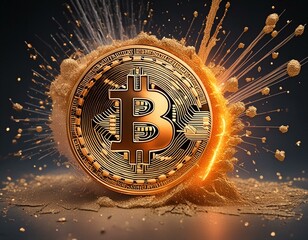 bitcoin coin exploding on gold solid background, concept for crypto currency and finances 