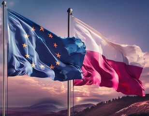 polish and european union flag united in the wind. Polish and european cooperation and good relationship concept