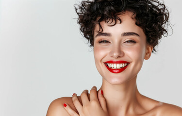 portrait of a young woman with black hairs smiling. Beautiful pretty curly woman. People affection and care concept. Advertising concept of healthy lifestyle, human emotions, facial expression