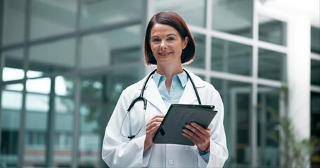 Poster - Tablet, happy and face of mature doctor in hospital for research on treatment, diagnosis or cure. Smile, career and portrait of female medical worker with digital technology for telehealth in clinic.
