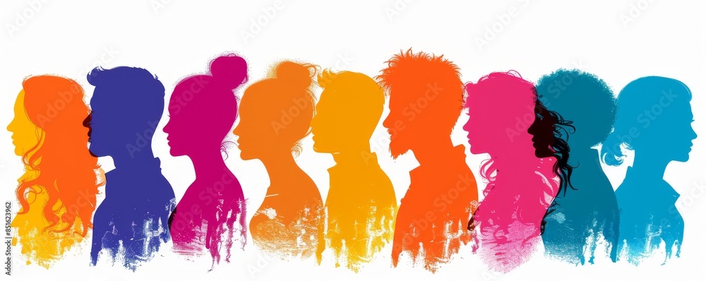 An illustration featuring a group of diverse people in profile ...