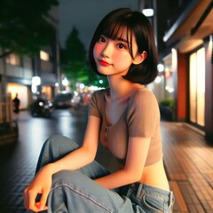 Wall Mural - beautiful Japanese girl, slim body, beautiful smile, with black hair short to the ears  17