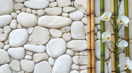 background of white stone and bamboo branches and leaves