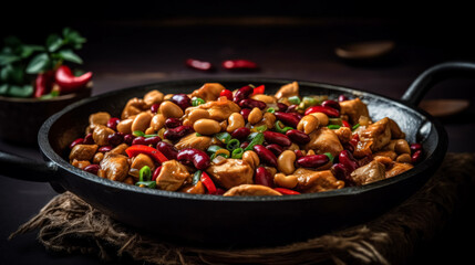 Wall Mural - A black pan filled with a colorful dish of beans, meat, and vegetables. The dish is garnished with green onions and red peppers