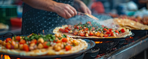 A street vendor selling delicious crepes with a variety of sweet and savory fillings at a bustling outdoor market.