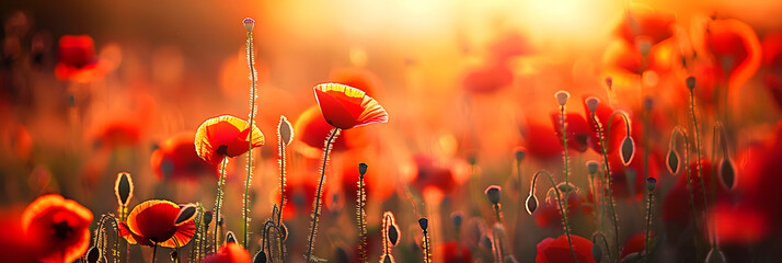 Wall Mural - The amazing nature of red poppies under sunlight at sunset of a summer day A natural view of a blossoming flower as a background. Creative banner. Copyspace image
