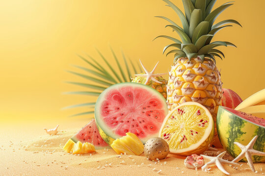summer background illustration, summer beach scene with watermelon, pineapples and other fruits on yellow background