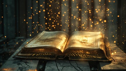 Bible book of sacred tales and mystical literature. Open pages of fantasy, faith, and magical wisdom. Perfect for studying, reading and gaining spiritual knowledge in a religious context.