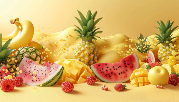 summer background illustration, summer beach scene with watermelon, pineapples and other fruits on yellow background
