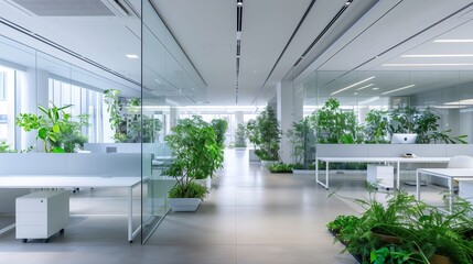 An expansive open-plan office space with glass walls, minimalist white desks, and vibrant green plants adding a touch of nature