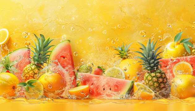 summer background illustration, summer beach scene with watermelon, pineapples and other fruits on yellow background