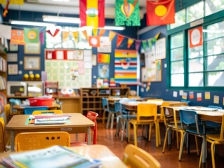 Poster - vibrant foreign language immersion classroom with students practicing conversational skills